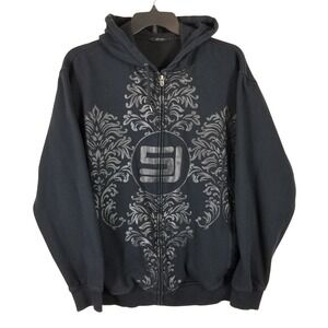 Sean John Mens XL Black Full Zip Hoodie Damask Graphic Fleece Sweatshirt SJ Logo